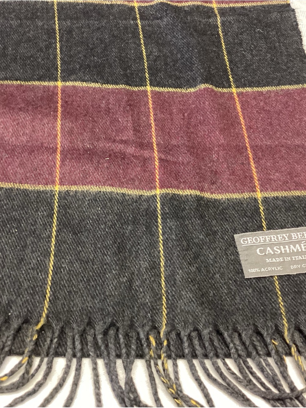Geoffrey Beene Charcoal, Burgundy & Yellow Plaid Scarf